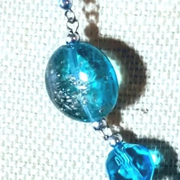 Aqua Blue Copper Sand Murano Glass Long Silver Chain Handcrafted Necklace - Picture 6 of 8